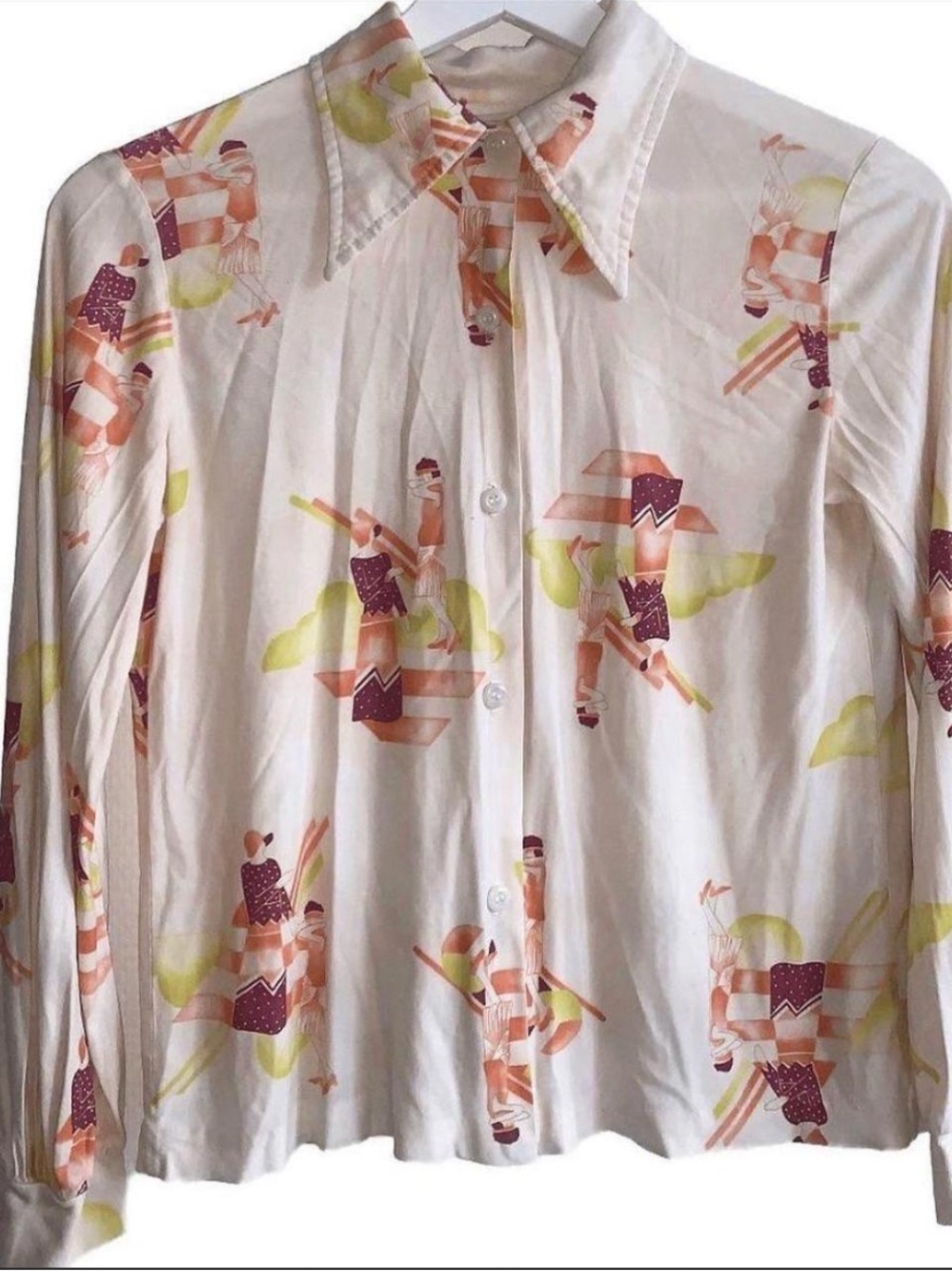 Vintage 70s White Button-Up Blouse with Peach & Purple Print